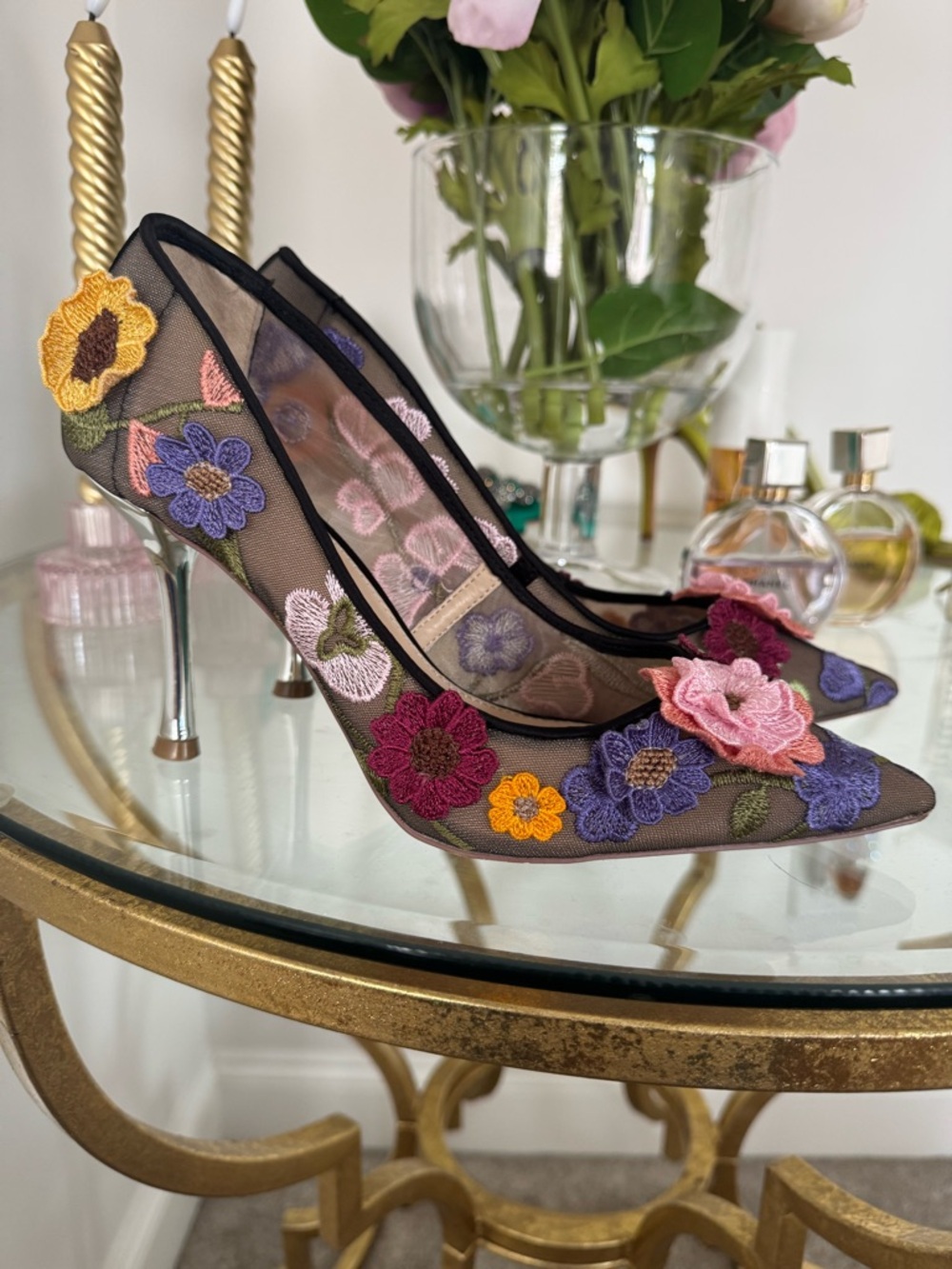 Betsey Johnson Black Mesh Floral Appliqué Pointed Toe Heels